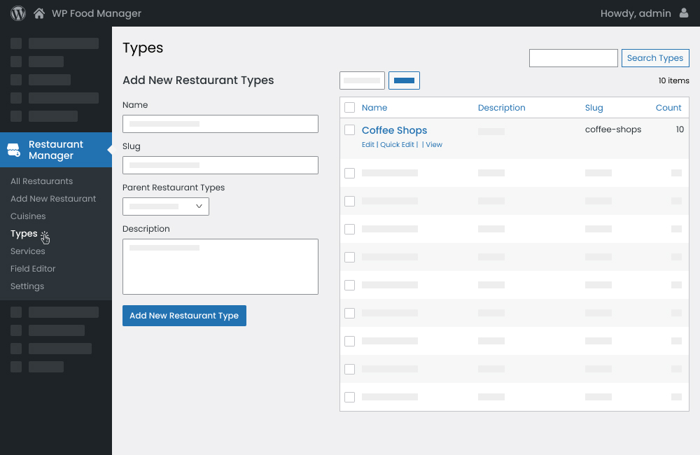 Add Restaurant Types from the Backend