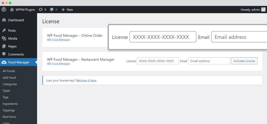 add license key and email id