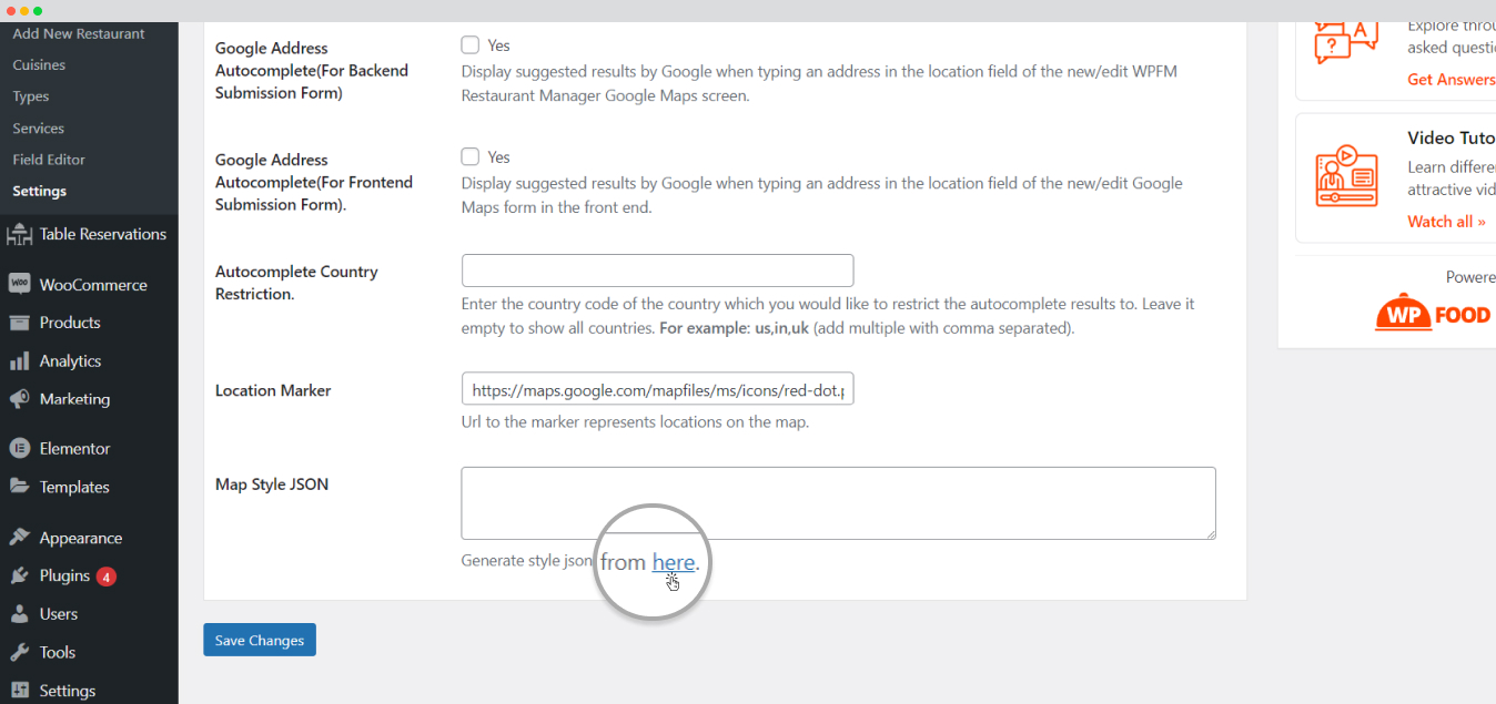 WP food manager generate json style from here
