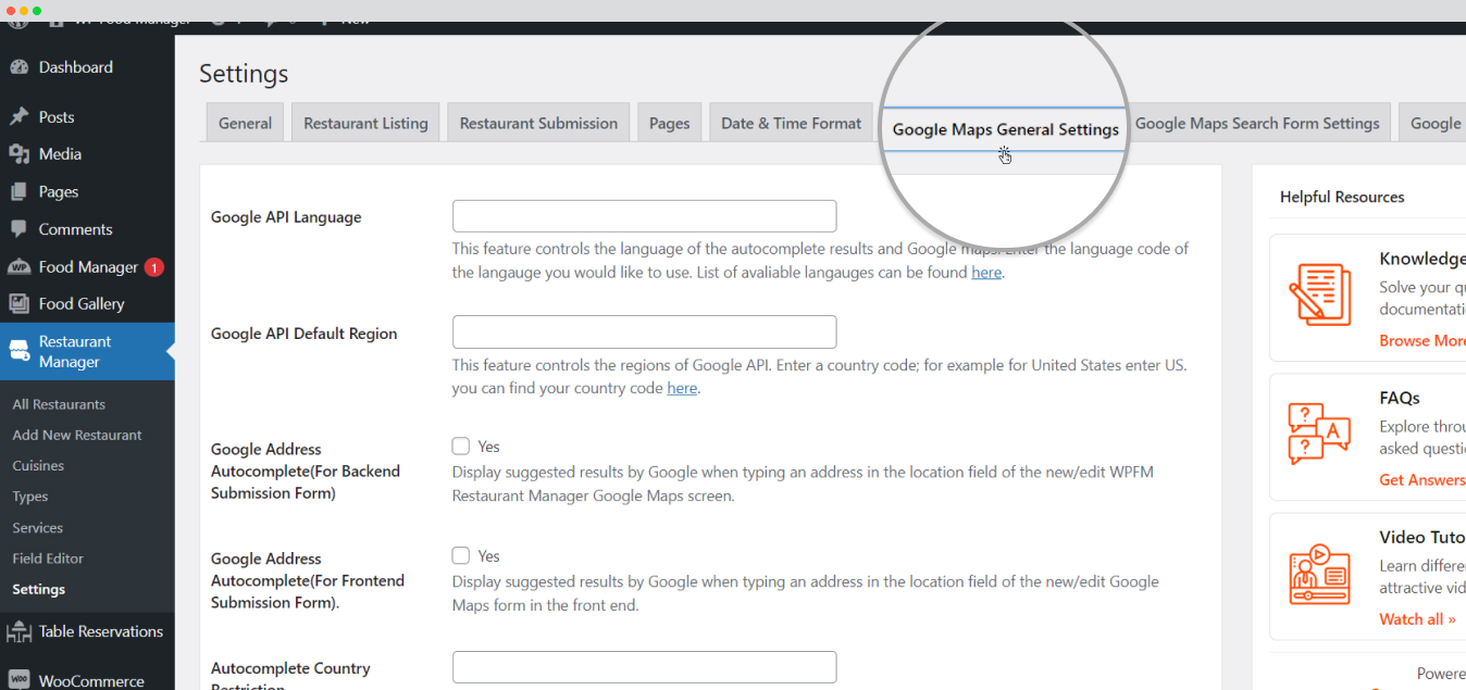 WP food manager google map general settings tab
