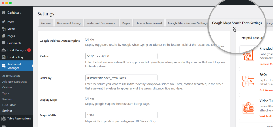 Google Maps Search Form Settings Tab