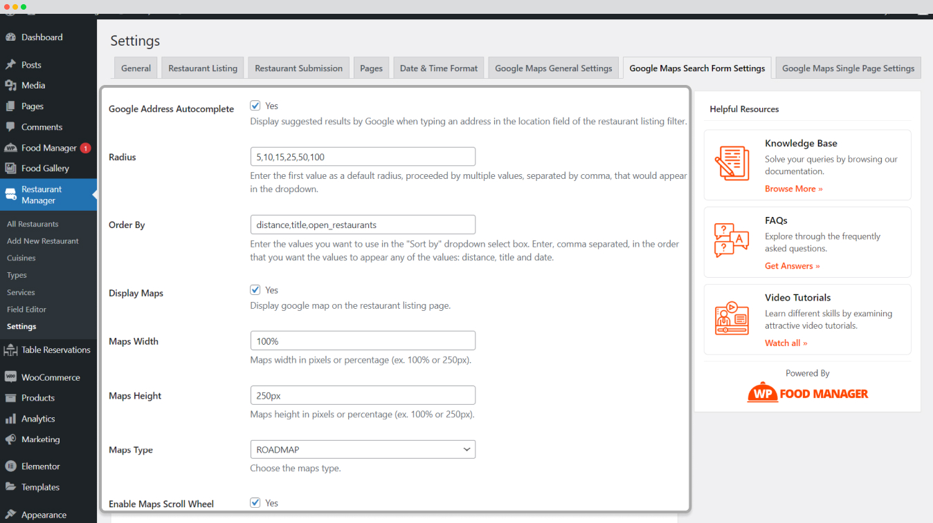 Google Maps Search Form Settings