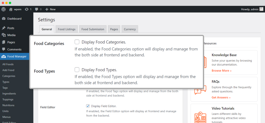 Settings Disable Food Type and Categories