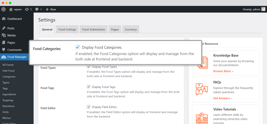 Settings Enable Food Categories