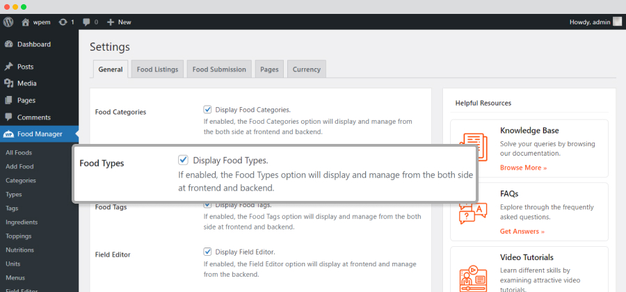 Settings Enable Food Type