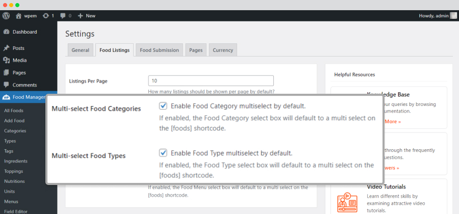 Multi-select Food Categories & Types