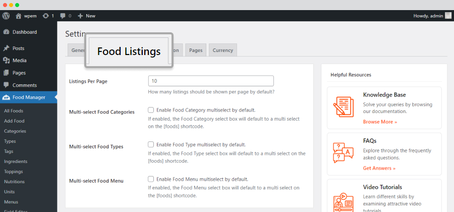 Settings Food Listings Tab