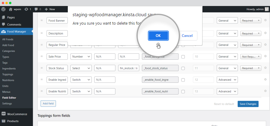 fields delete popup