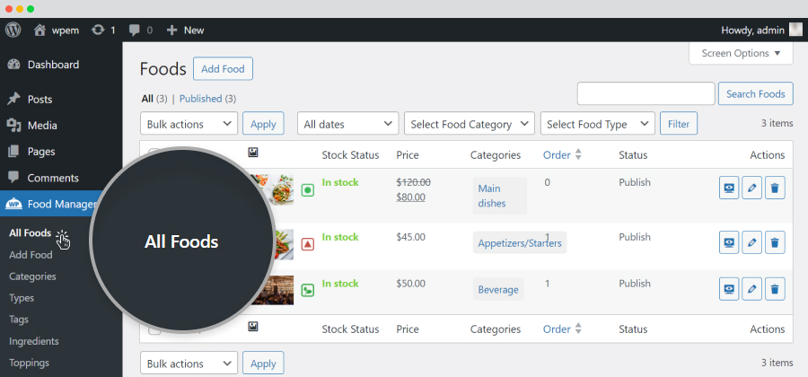 wpfm backend all foods