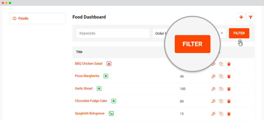 frontend food dashboard filter button