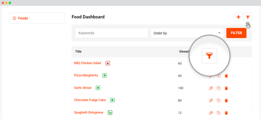 frontend food dashboard filter
