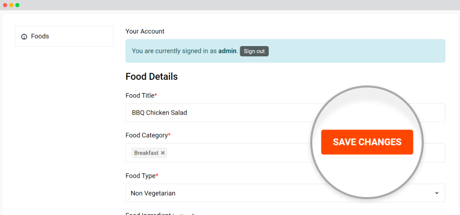 frontend food dashboard edit save changes