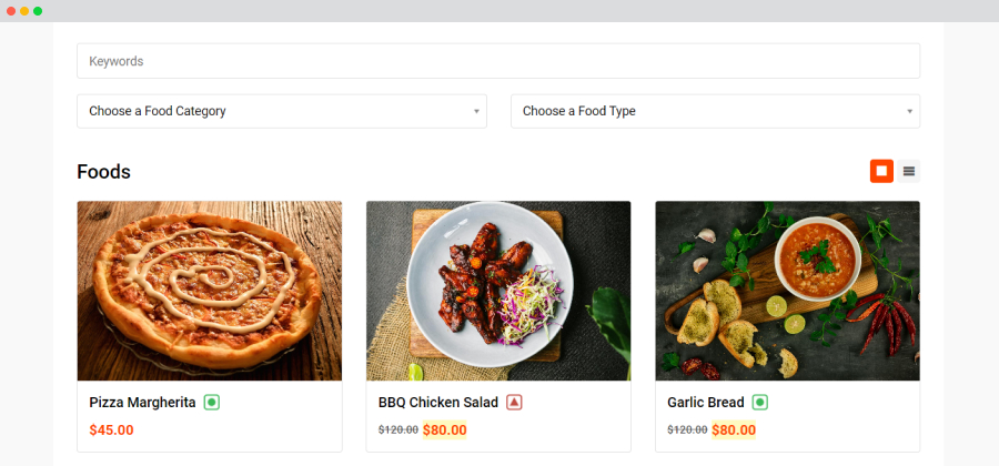 filtrable food listings box view