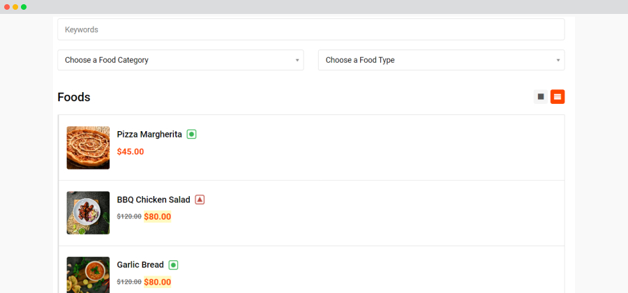 filtrable food listings list view