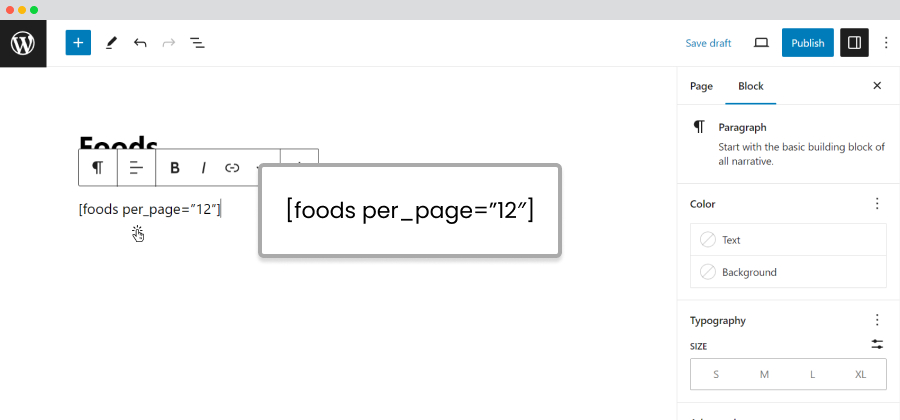 food listings shortcode attributes