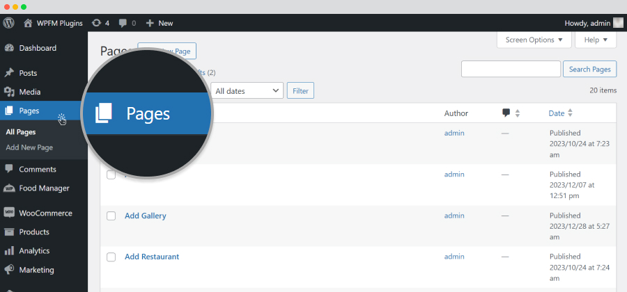 pages menu