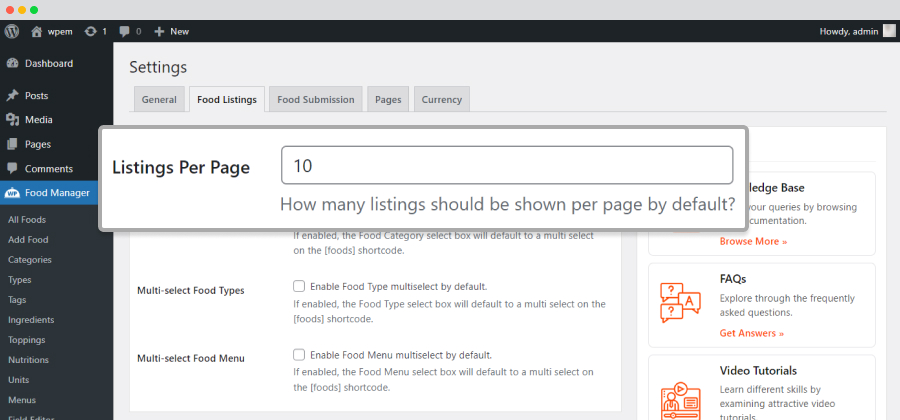 food listing settings