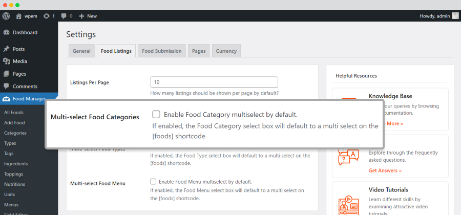 multi select food categories settings