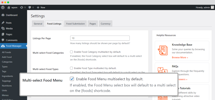 multi select food menu settings
