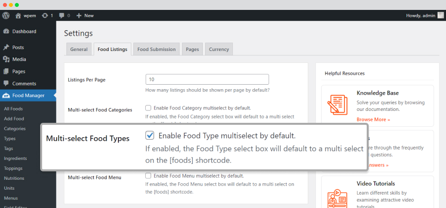 multi select food type settings