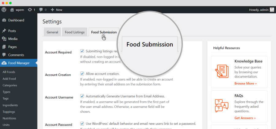 food submission tab