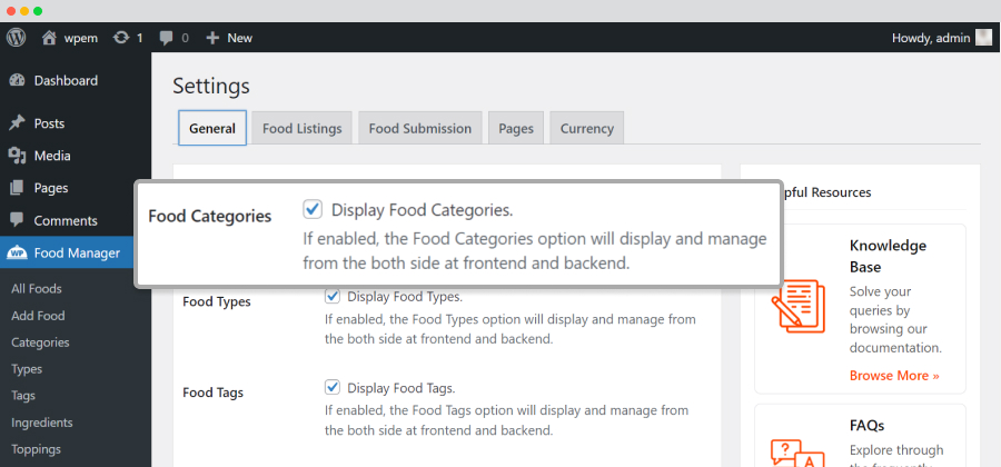 settings enable food categories