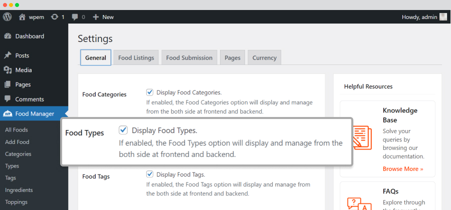 settings enable food type