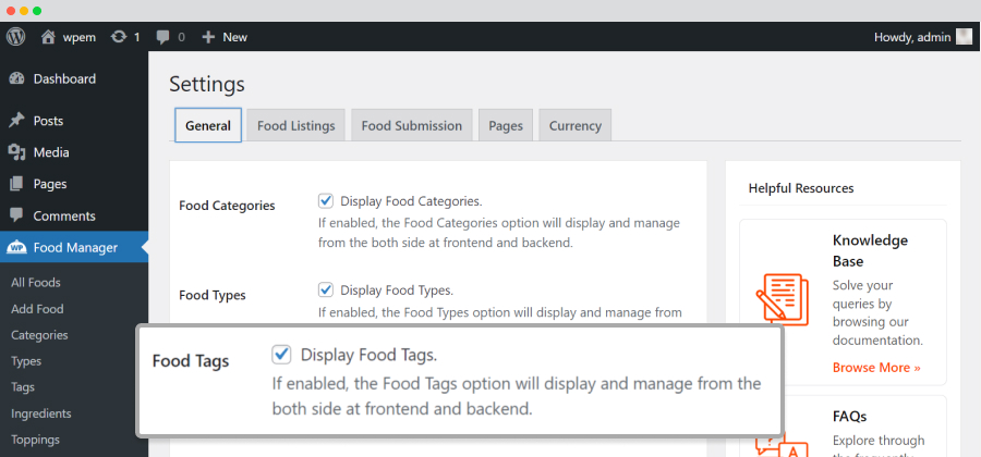 settings food tags