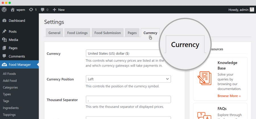 currency settings tab